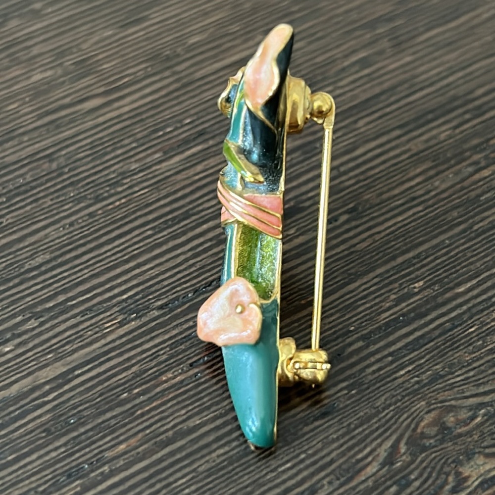 VTG KJL Art Deco Style Gold and Enamel Shoe Brooch, green, signed - Picture 4 of 8